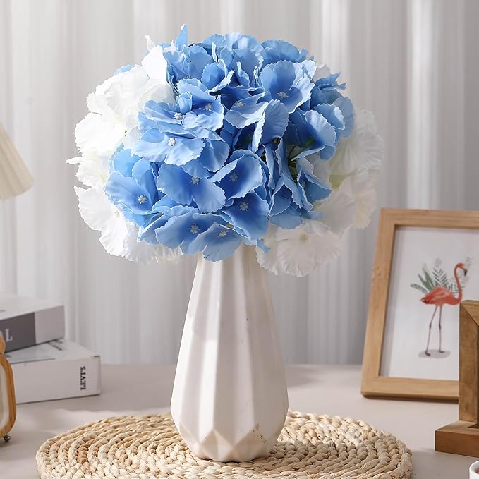 Unittype Silk Hydrangea Artificial Flowers Heads with Stems Faux Hydrangea Flowers for Wedding Centerpieces Bouquets DIY Floral Decorations for Home Indoor(White and Sky Blue,300 Pieces)