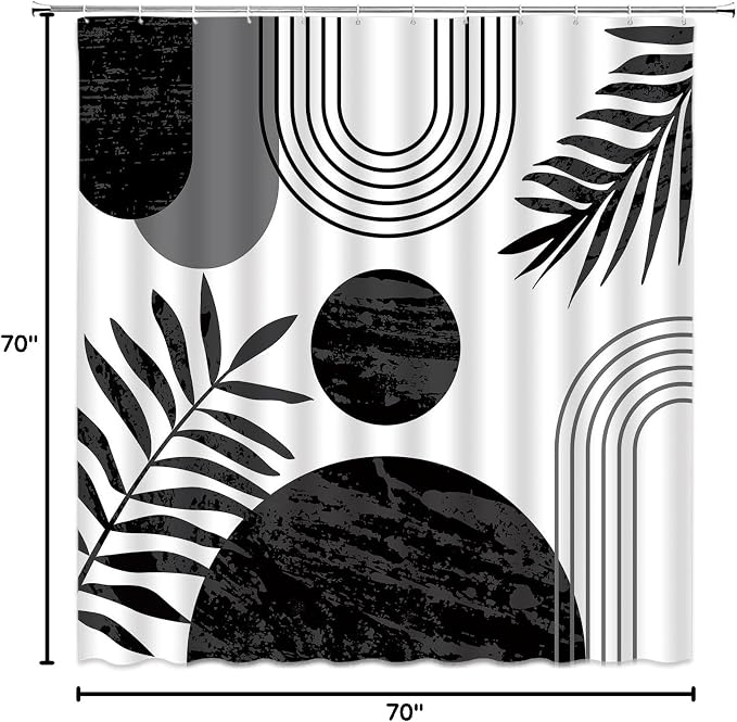 Mid Century Modern Shower Curtain Boho Black and White Abstract Retro Aesthetic Fabric for Bathroom Decor Bathtub with Hooks (70" WX70 H)