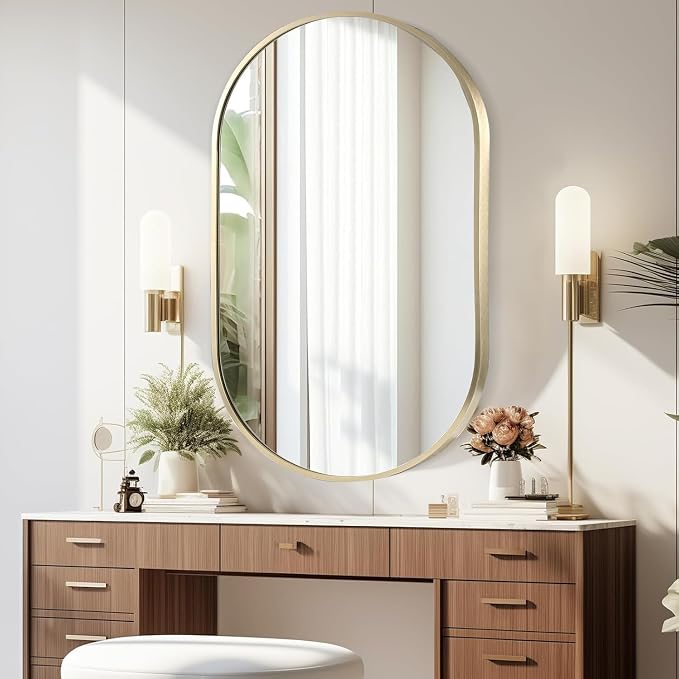 Gold Oval Mirror, 24"x36" Oval Bathroom Mirror, Vanity Mirror with Brushed Metal Frame, Wall Mount Mirrors Decor for Bathroom, Bedroom, Entryway, Living Room(Hangs Horizontally or Vertically)