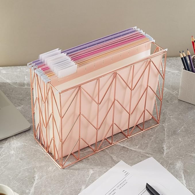 Beramon 1 Pack Rose Gold Hanging Folder Desk Organizer Decorative Organizer Metal Wire Baskets Suitable for Hanging file folder Design for Home Offices Supplies, 9.4 X 11.8 Inch