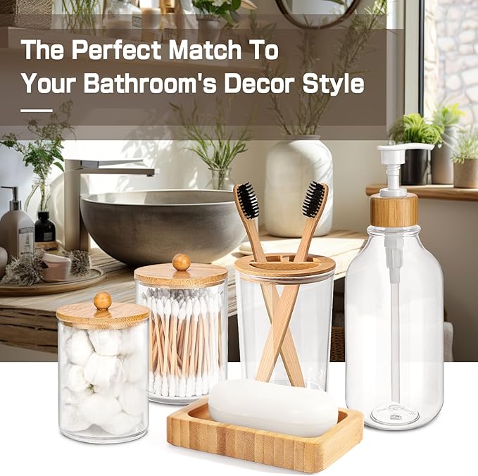 Bamboo Bathroom Accessory Set 5 Pcs, Boho Bathroom Accessories Sets Complete, Clear Bath Soap Dispenser and Toothbrush Holder Set, Soap Dish, Cotton Swab Jar, Boho Organizer
