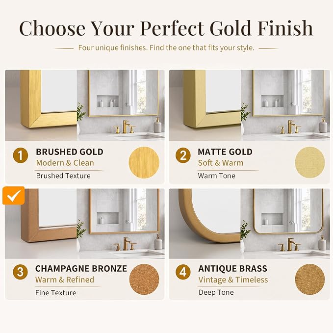 2-Pack 24"x36" Vintage Gold Bathroom Mirror, Antique Brass Deep-Set Metal Frame, Heavy-Duty Rectangular Wall Mirror, Traditional Bedroom & Mantel Decor