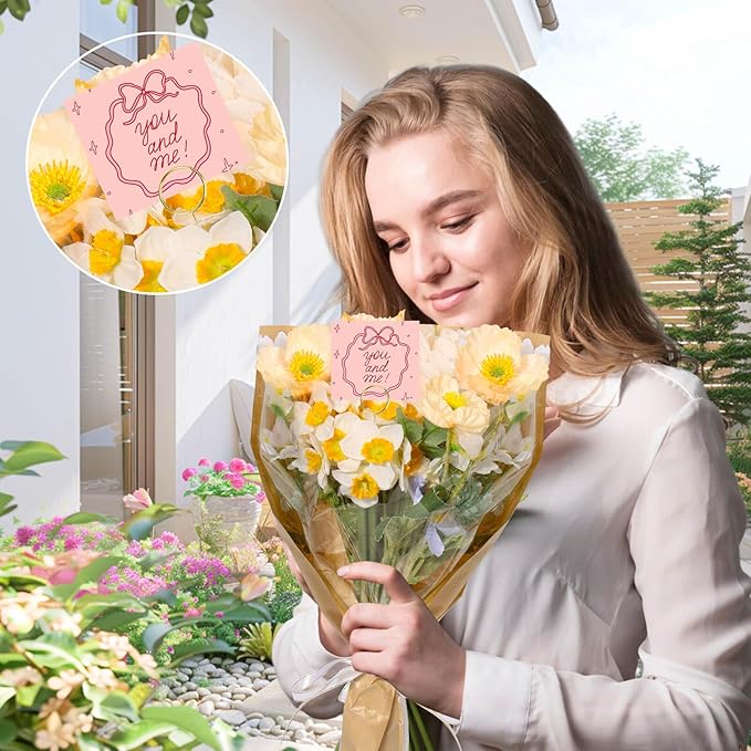 cridoz 50 PCS Flower Wrapping Paper Sleeves for Bouquets with 50 PCS Floral Card Holder Picks and Ribbons, Kraft Bouquet Bags for Flower Bar, Mother's Day, Graduation, Valentine, 22 x 14 Inches