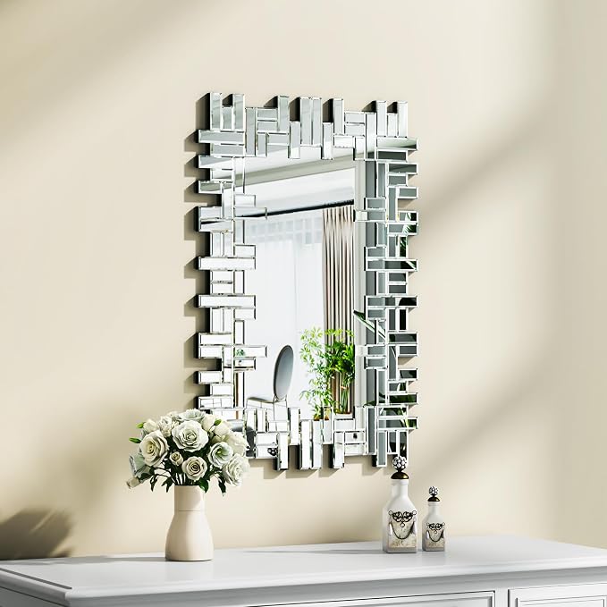 KOHROS Large Decorative Rectangle Mirror for Wall Decor Art Grecian Venetian Mirror (Silver-A, 36" L x 24" W)