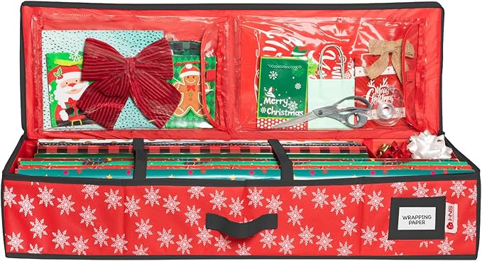 HOLDN' STORAGE Premium Wrapping Paper Storage Container - Durable 600D Tear-Proof, Fits 27 Rolls Gift Wrap, Extra Pockets for Ribbons & Bows, Underbed Storage - Ideal for Holiday Christmas, Red/White Snowflakes