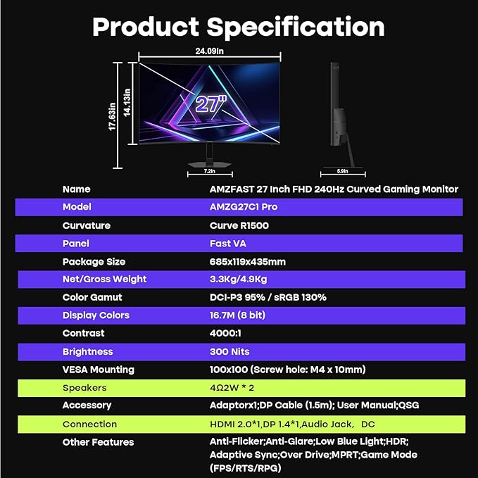 Amzfast 27 inch 240Hz Curved Gaming Monitor, FHD 1080P Monitor Gaming with Upgraded Built-in Speakers, MPRT 1ms with Fast VA Panel | 130% sRGB, 4000:1,1500R | 12 Months Warranty Exchange