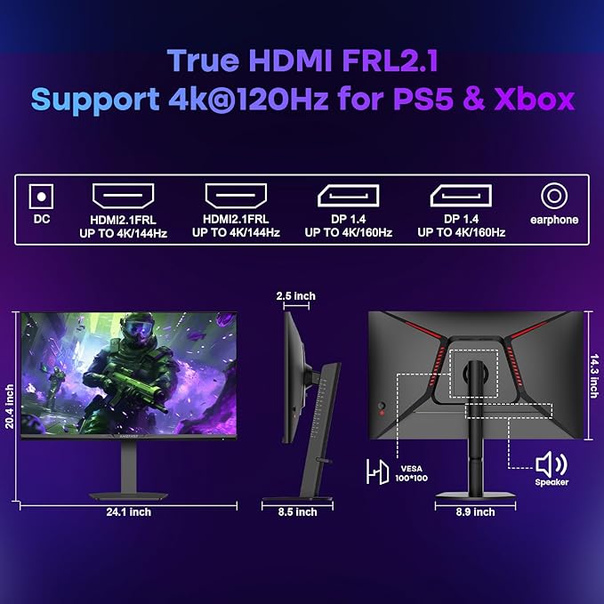 Amzfast 27’‘ 4K Gaming Monitor HDR 400, UHD 160Hz 144Hz | FHD 320Hz 300Hz Dual Mode PC Monitor, Built-in Speakers 1ms Fast IPS, 126% sRGB PIP/PBP, HDMI 2.1 x 2 & DP 1.4 x 2, Height Adjustment, VESA