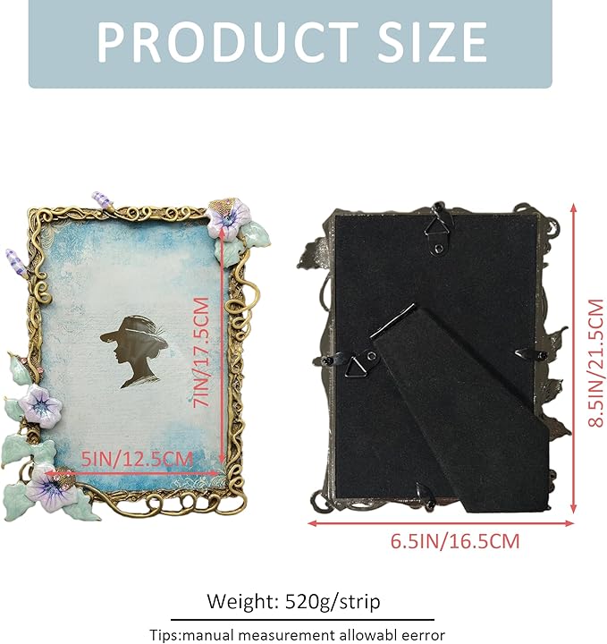 Vintage Floral Picture Frames Luxury Unique Ornate Antique Metal Photo Frame of HD Glass for Tabletop/Wall Display Gifts for Women (Retro Purple Flower, 5X7)