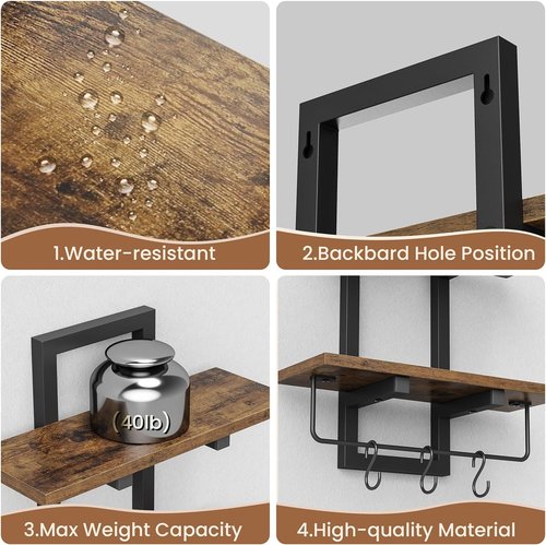 Creso Hom Floating Wall Shelves - Set of 2 Wooden Shelves with 6 Hooks | Rustic Brown for Home Decor