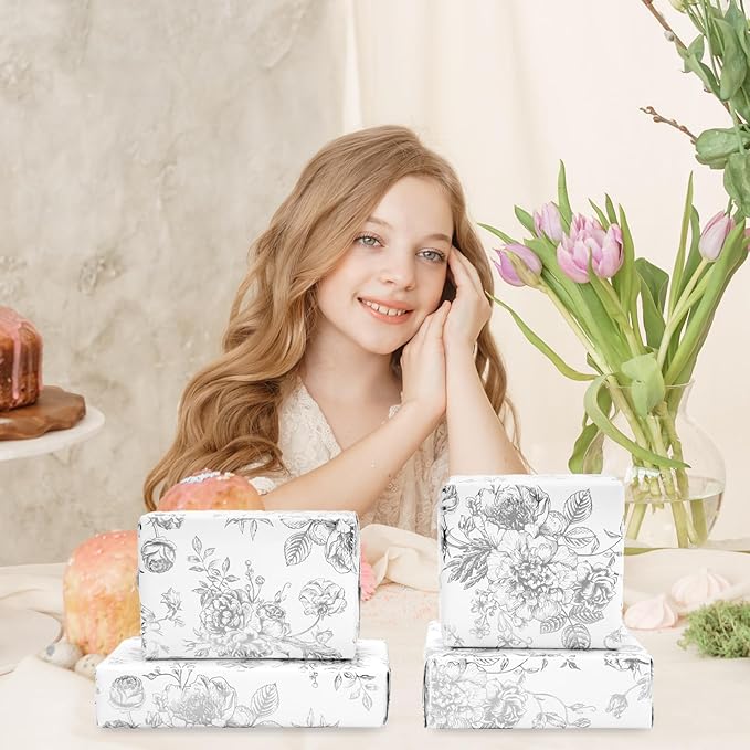JarThenaAMCS Silver Foil Floral Wrapping Paper - Mini Roll - 17 Inch x 32.8 Ft Vintage Flower Gift Wrap Paper Decorative Art Paper for Spring DIY Crafts Supplies