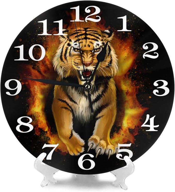 Roar Tiger Wall Clock Battery Operated Silent Round Clock Animal Wall Decor for Home, Office, School 9.8 Inch