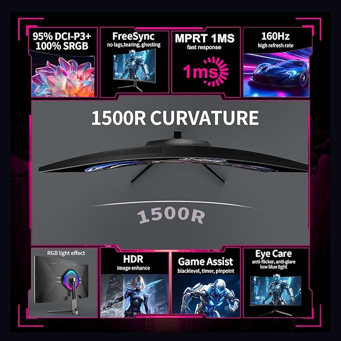 ZZA 32 Inch Gaming Monitor 160HZ,Curved Monitor 4k UHD(3840 * 2160P) VA Screen, 1500R Curved, Computer Moniter, Supports AMD Freesync, 120% sRGB, Built-in Wall Mountable Installs(HDMI 2.1/DP 1.4)