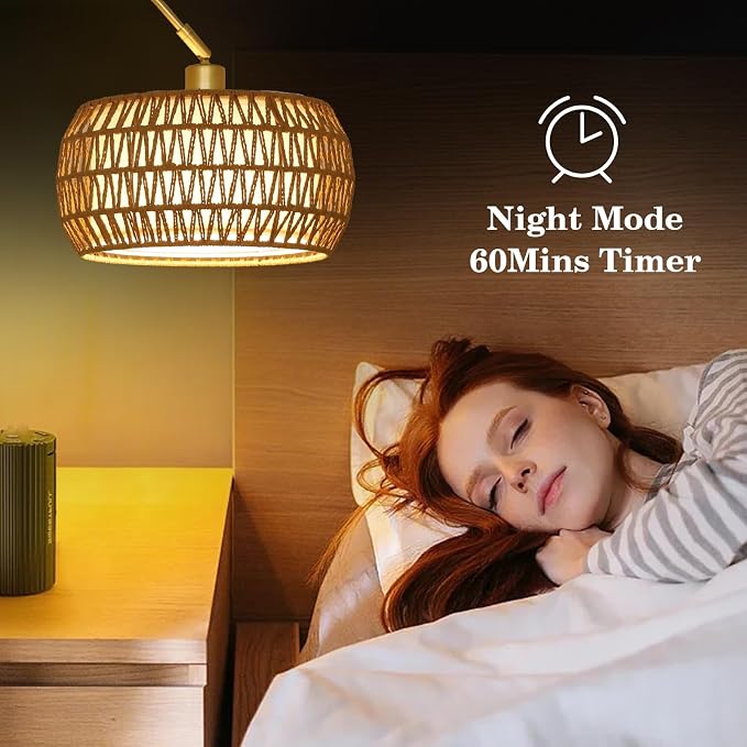 Gold Floor Lamps for Living Room, Arc Floor Lamp with Remote & Dimmable Bulb, Boho Rattan Standing lamp with 3 Color Temperatures, Height Adjustable Tall Lamp for Bedroom, Over Couch Reading Lamp
