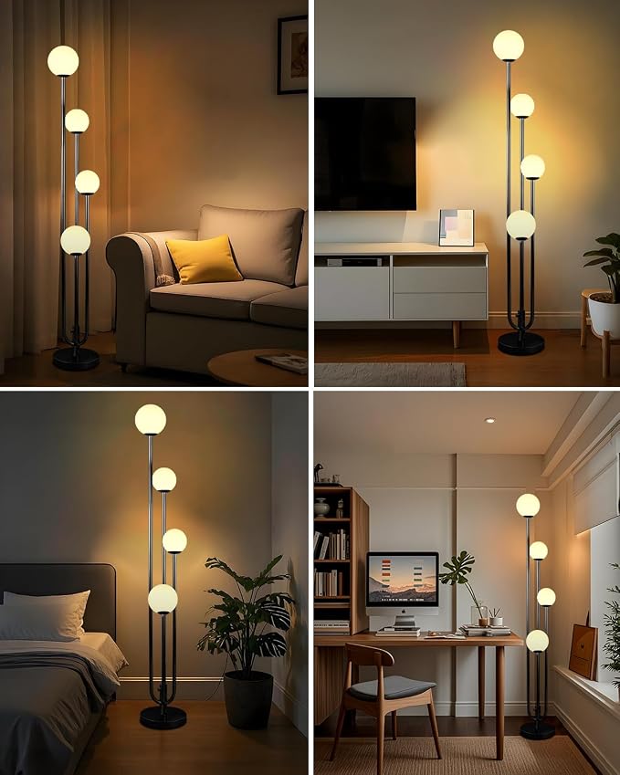 Lightdot Black Globe Floor Lamp 4-Lights Dimmable Floor Lamps with Tray 3000K Bulbs Included Unique Candle Mid Century Tall Standing Lamp with 5Lbs Heavy Base for Living Room/Bedroom/Sofa Beside
