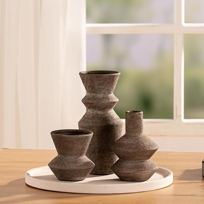 Ceramic Vase Home Table Decor - Brown Flower Vase Set of 3 Living Room Kitchen Decorations Farmhouse Modern Rustic Vases Decorative Centerpiece for Shelf Bedroom Office Bathroom Dining Coffee Desk