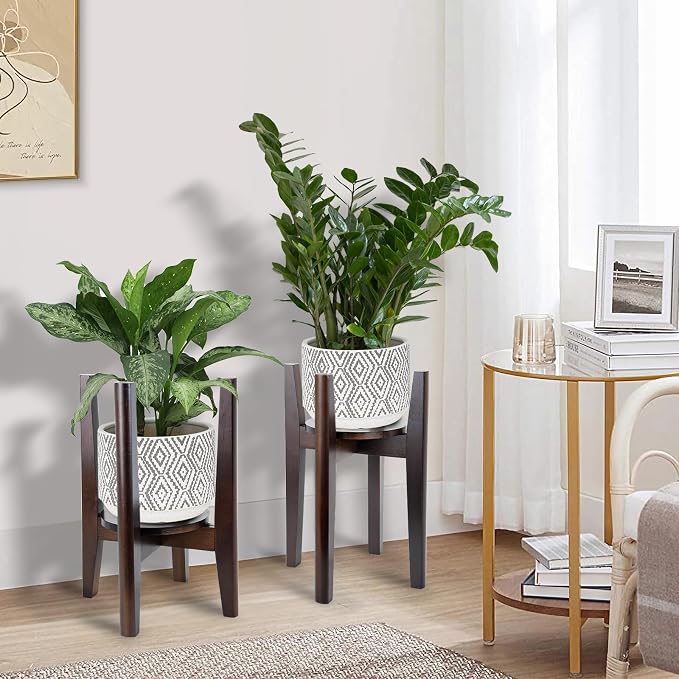 Adjustable Plant Stand with Tray,Indoor Wood Plant Stand Fit 8'' to 12'' Planter,Mid Century Modern Flower Pot Holder Rack(Plant and Pot Not Included)