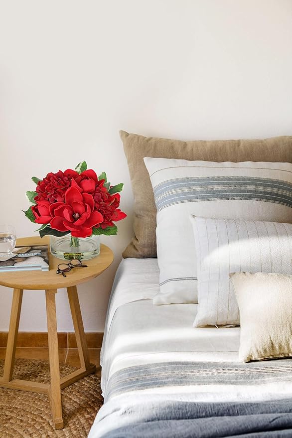 Briful Artificial Magnolia and Hydrangea Flower Arrangement in Glass Vase 9.4" Realistic Red Silk Fake Flower with Faux Water Fake Floral Centerpieces for Home Room Office Table Shelf Décor