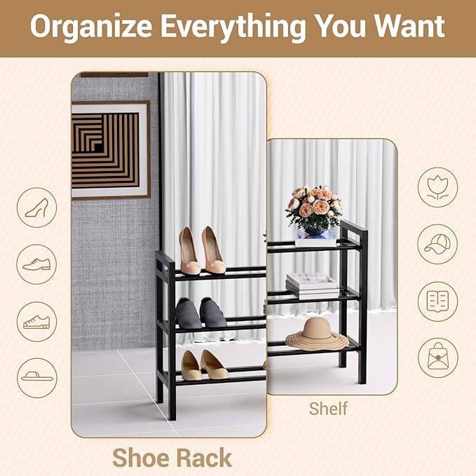 Haddockway Bamboo Shoe Rack for Closet, Free Standing Shoe Organizer with Smooth Round Rods & Convenient Handles, Stackable Shoe Storage Shelf for Entryway, Hallway(Black, 3-Tier(Small))