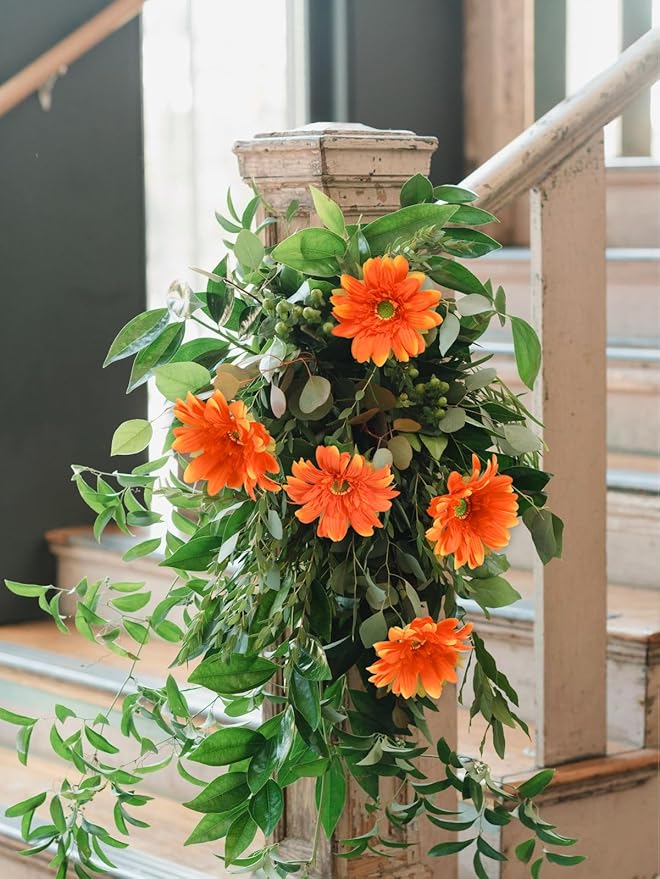 Orange Gerbera Daisy Artificial Flowers – Real Touch Artificial Wildflowers 5PCS, Long Stem Faux Daisies for Fall Home Décor, Home Table Centerpieces, or Wedding Arrangements