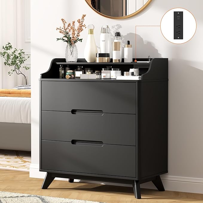 3 Drawer Dressers for Bedroom, 32" Large Wood Storage Dresser & Chest of Drawers with Charging Station, Wide Modern Dressers with 3 Drawer Storage Organizer for Bedroom Living Room Closet, Black
