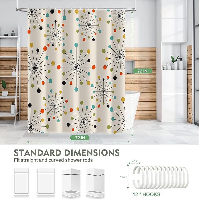 Vintage Mid Century Modern Geometric Shower Curtain,Retro Abstract 1950s 1960s Style Art Bathroom Decoration,Polyester Fabric Waterproof Bath Curtain 72x72 Inch with 12 Hooks
