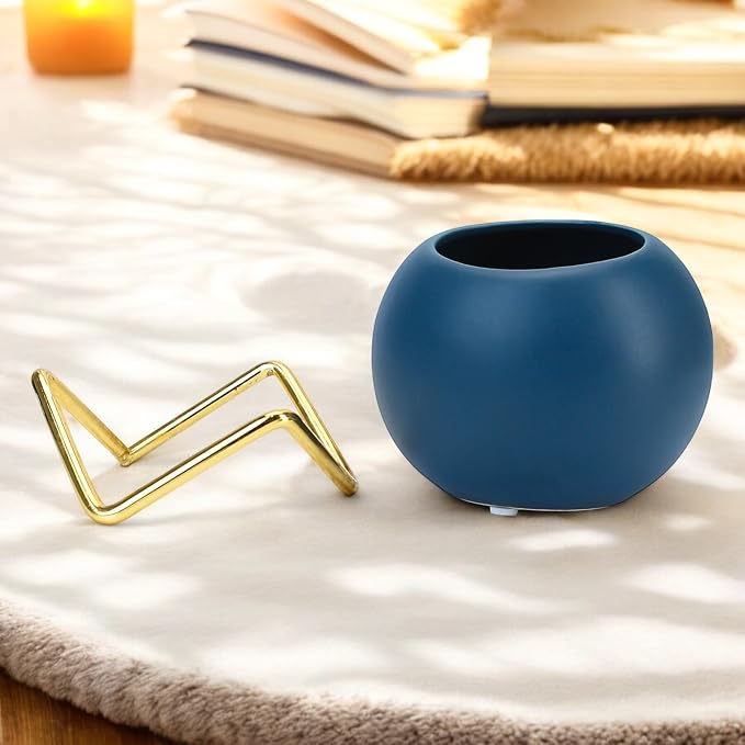 BuleVina 4” Ceramic Plant Flower Pot - Indoor Planter Pot with Gold Metal Stand for Herbs Orchids Cacti Succulents Potted Planter (Navy Blue)