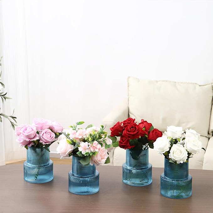 Ribbed Glass Vases, Set of 4 Small Vases for Flowers, Blue Glass Vase for Tulips, Modern Vase for Living Room, Kitchen, Office, Entryway, Bookshelf, Wedding Gifts, Birthday, 6 Inches