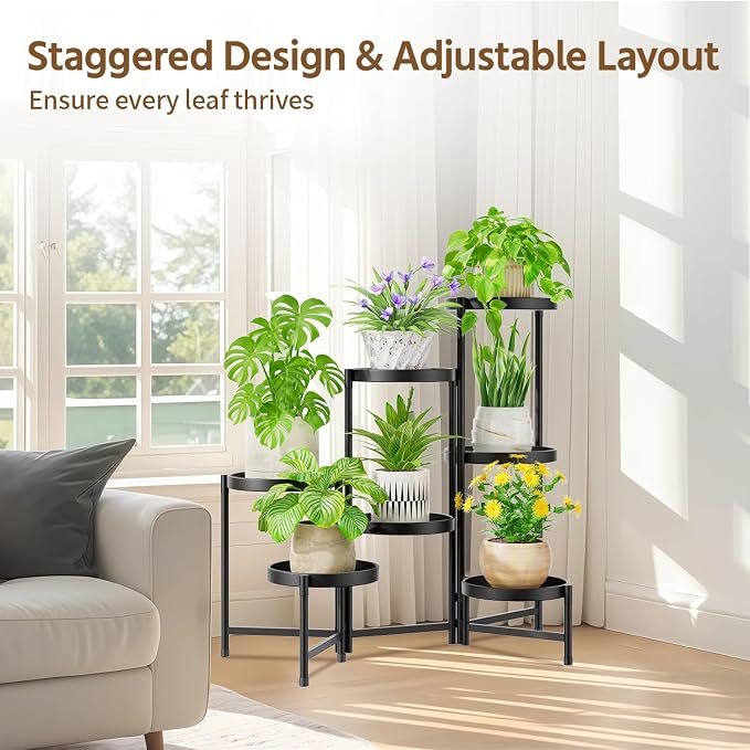 LASZOLA 7 Tier Large Plant Stand Indoor Tall with 10 Inch Metal Tray, Corner Folding Flower Display Rack, Modern Plant Holder Shelf for Outdoor Patio Porch Garden Office Living Room, Black