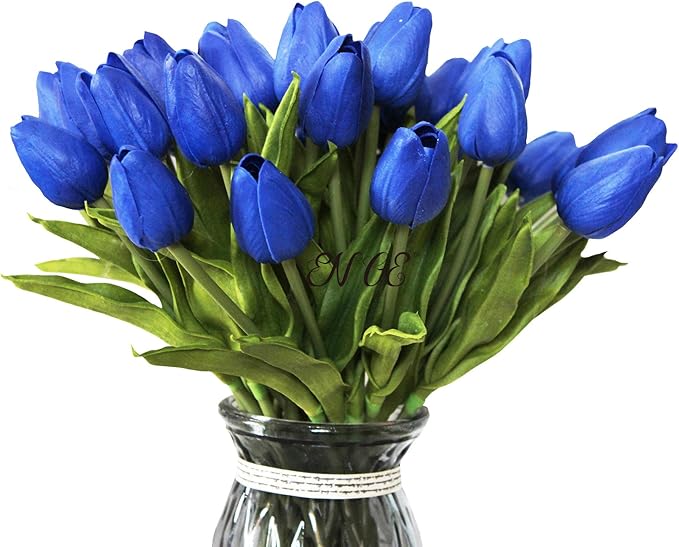 Artificial Flowers 10 Heads Mini Real Touch Artificial Tulip for Home Wedding Party Centerpiece Decoration (Sapphire Blue)