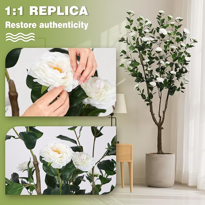 6.6ft Tall Camellia Artificial Tree, Handmade Faux Floral Camellia Tree, Pink White Blooming Flowers & Green Leaves, Artificial Plants for Home Front Door Decor Indoor Outdoor Party Wedding