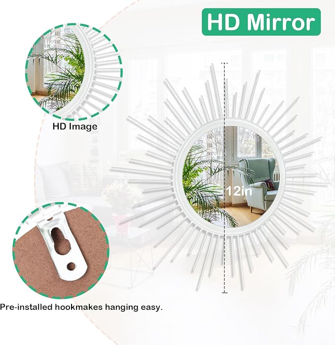 Mirror Wall Decor White Mirrors for Wall Metal Sunburst Mirrors Home Decoration Wall Art Decorative Mirror Suitable for Living Room Bedroom Bathroom Entrance Set of 3 12''