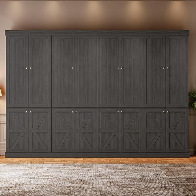 Vyre 70.8" Tall Bookshelf with Doors, Farmhouse Modular Bookcase with 4-Tier Adjustable Shelves, Large Storage Cabinet for Home Office, Living Room, Black, Set of 3