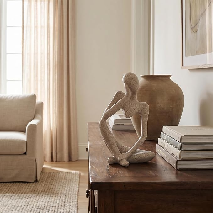 Large Sandstone Thinker Statue Decor, Modern Minimalist Abstract Sculpture, Thinker Sculpture Home Decor for Living Room, Office Desk, Bookshelf Decor, Contemporary Home Decor Accent