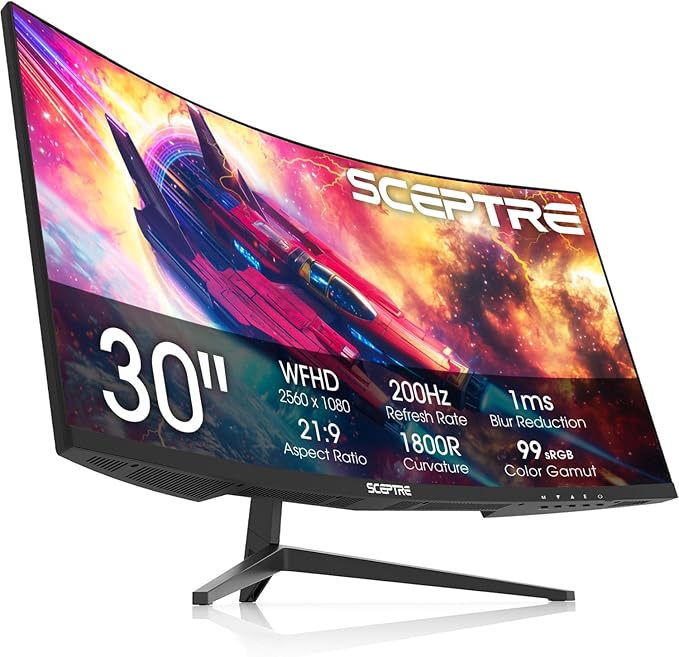 New! Sceptre Curved 30-inch Gaming Monitor 200+Hz FreeSync Build-in Speakers 2560 x 1080p HDMI x2 DP x2 Machine Black 2026 (C305B-200UN Series)