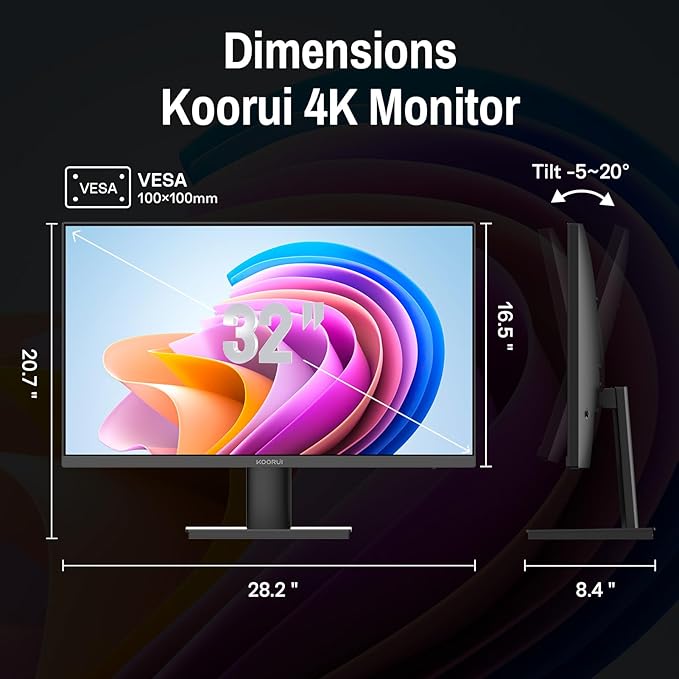KOORUI 32 inch 4K Computer Monitor with HDMI x2 Displayport Speaker, 60Hz VESA HDR Support Desktop Monitor Compatible Freesync & G-sync Adaptive Sync for Office & Home