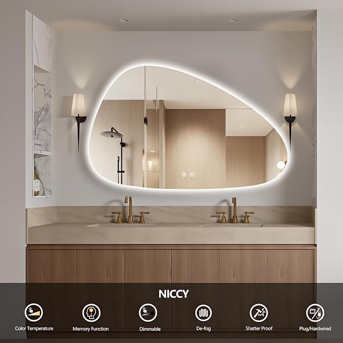 Niccy Irregular LED Bathroom Mirror, 30"x48" Asymmetrical Backlit Vanity Wall Mirrors, Light up Mirrors for Bedroom, Living Room, Modern Smart-Mirror with Anti-Fog, Dimmable, Memory Function