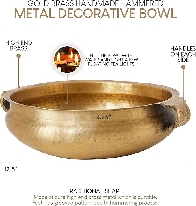 Serene Spaces Living Gold Handi Bowl - Hammered Texture, Decor for Living Rooms, Entryways, Restaurants, Indian Wedding, Table Centerpiece - Select from Aluminum or Brass, Brass,4.25" Tall & 12.5" Dia