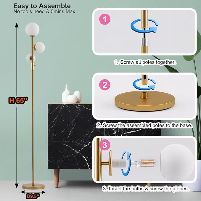 Fiqevs Dimmable 3 Globe Floor Lamp - Mid Century Modern Gold Standing Lamp with Frosted Glass Shade & LED Bulbs for Living Room, Bedroom, Office