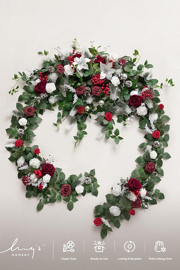 Ling's moment Christmas 9FT Eucalyptus and Willow Leaf Garland with White Flower, Handcrafted Wedding Sweetheart Table Centerpieces Head Table Decor Arch Backdrop Decorations for Wedding | Red & White