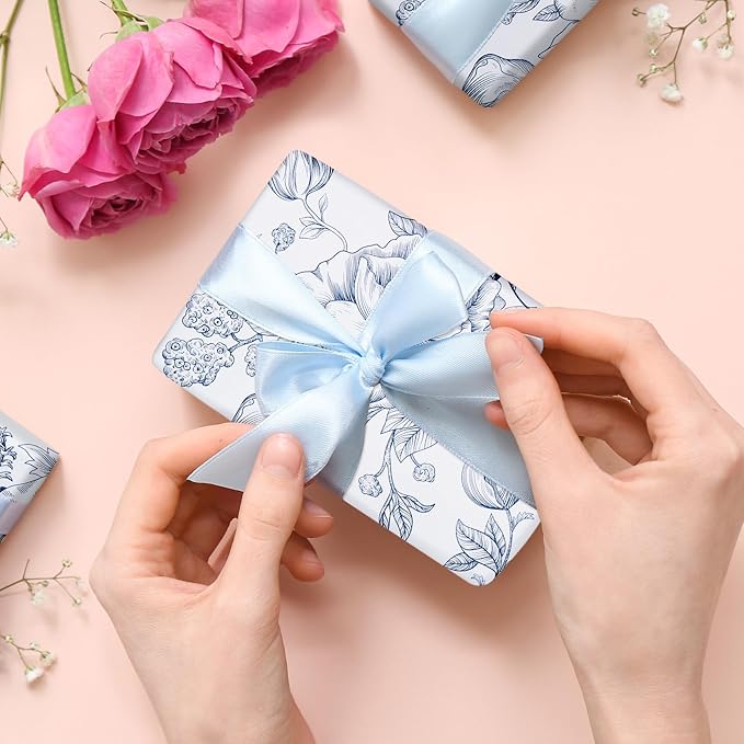 RayofSun Blue Floral Wrapping Paper Roll 17 in x 16.5 ft Mini Roll Vintage Toile Flower Gift Wrap Paper for All Occasion Wedding Birthday Bridal Shower Party Baby Shower Christmas