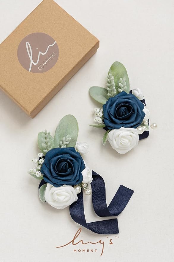 Ling's moment 2pcs Prom Wrist Corsage Artificial Flowers, Girl/Mother Corsages Wristlet Décor for Homecoming/Wedding/Anniversary, etc. Navy Blue