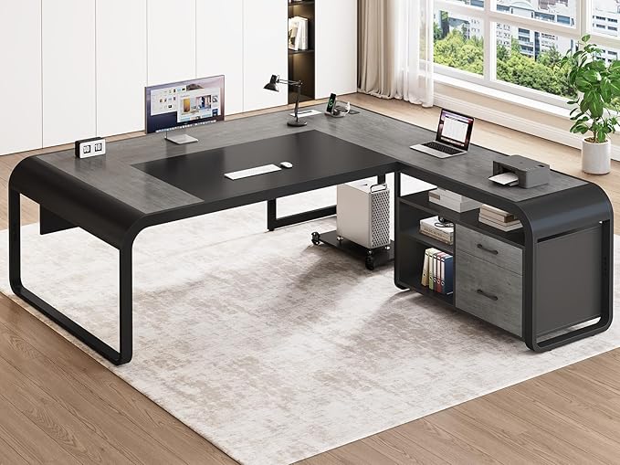 SEDETA 63 Inch Executive Desk, Large Office Desk with File Drawer, L Shaped Desk with Drawers, Computer Desk with Mobile CPU Stand, Storage Shelves, Power Outlets for Home Office, Gray