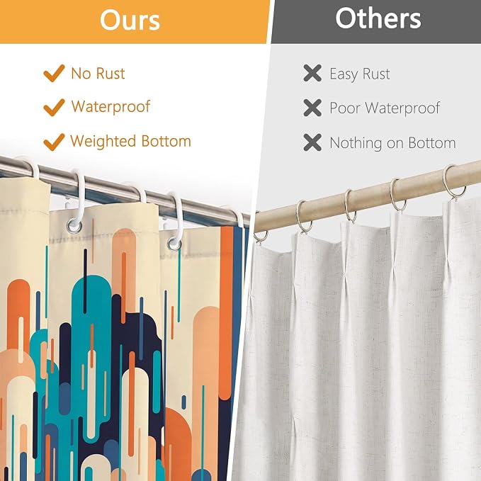 Mid Century Modern Shower Curtain, Retro Abstract Geometric Colorful Art Shower Curtains for Bathroom with Hooks, Waterproof Polyester Fabric Shower Curtain Set, Weighted Hem, 72x72 Inches