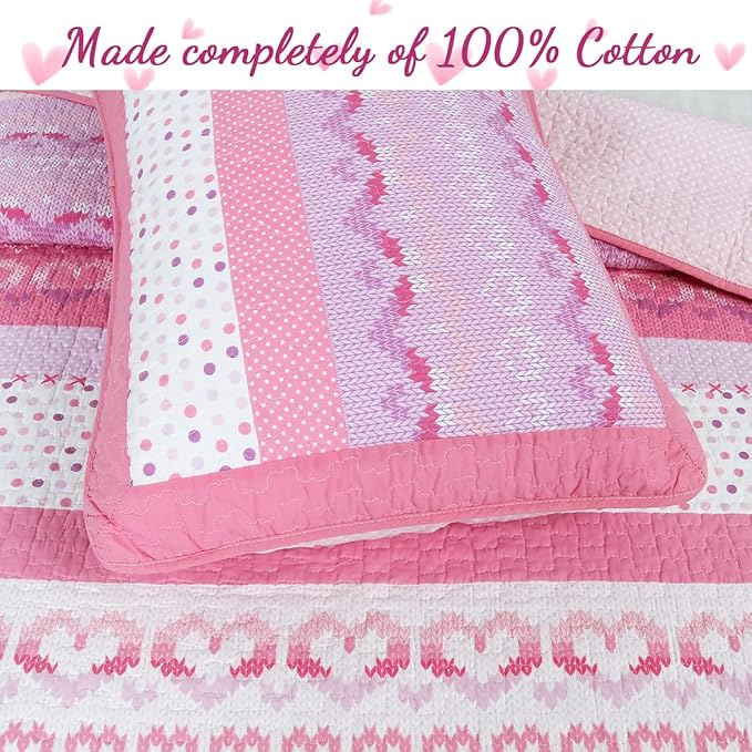 Cozy Line Home Fashions 100% Cotton Pink Heart Polka Dot Girl Reversible Bedding Quilt Set, Bedspread Coverlet for All Seasons (Butterfly Knit, Queen-3 Piece)