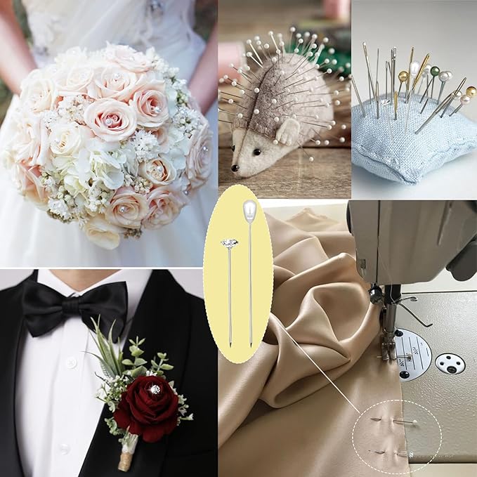300Pcs Corsage Bouquet Pins Including 150Pcs 1.5 Inch Diamond Pins and 150Pcs 2.1 Inch Pearl Pins for Bouquets, Flower Pins for Sewing Straight Pins for Floral Wedding Decoration DIY Craft Sewing Pins