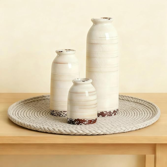Ceramic Vase Set of 3 – Handcrafted Modern Farmhouse Decorative Vases for Boho Living Room Centerpieces, Entryway Decorations, Coffee Table, Bookshelf, Fireplace Mantel