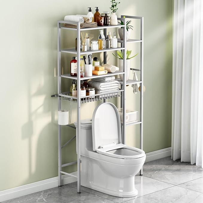 Kalrin 8-Tier Over The Toilet Storage with Side Rack, Over Toilet Storage Rack with Adjustable Shelf & Drain Basket, Freestanding Bathroom Organizer for Balcony, Laundry (Pure White)