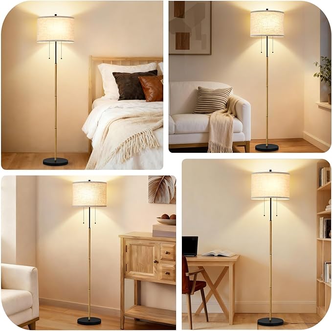 Luvkczc Floor Lamp, 62" Standing Lamp Tall Lamp with Fabric Lampshade&Pull Chain Corner Floor Lamps for Living Room, Bedroom,Office, Wood Grain 2 Bulb Socket