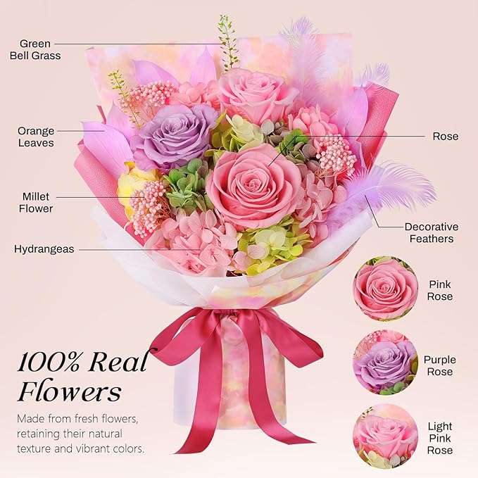 Preserved Flowers Bouquet 3 Roses - Pink Real Rose & Flowers for Delivery, Long-Lasting Flower with Gift Box, Eternal Roses Bouquet for Mothers, Mom, Wife Anniversary Birthday Gifts for Women and Her