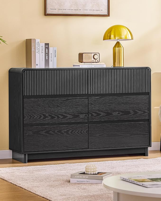 AOGLLATI Modern 6 Drawer Dresser for Bedroom, 47" Wide Fluted Double Black Dressers & Chests of Drawers with Curved Profile Design for Bedroom,Black